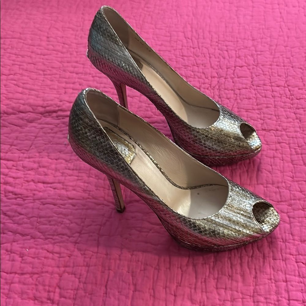 Dior Gold Peep Toe snakeskin Stiletto Heels, US8